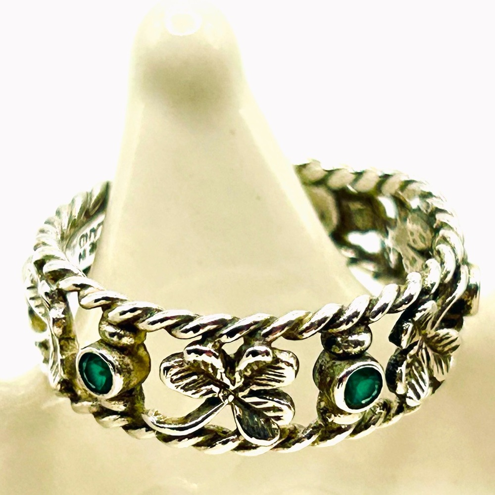 Vintage Green Agate Lucky Irish Shamrock 925 Sterling Silver Ring size 8.5 - Picture 3 of 12